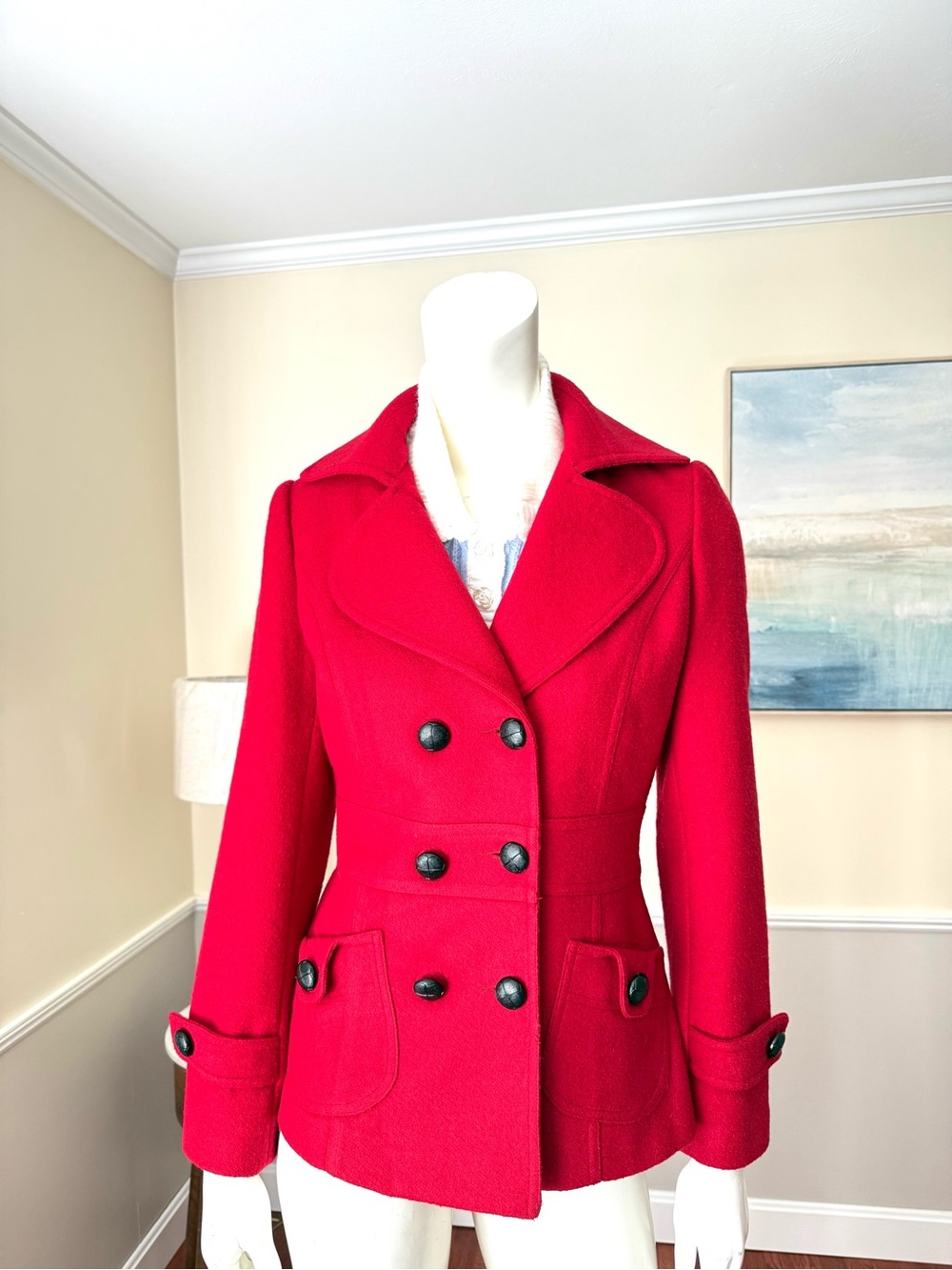 Forever 21 Red Double-Breasted Peacoat with Black Buttons